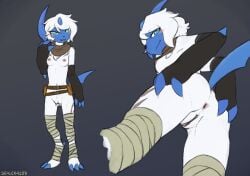 2025 3_fingers 3_toes absol anthro anus areola armwear ass blue_eyes blush breasts claws clothed clothed_anthro clothed_female clothing digital_media_(artwork) feet female finger_claws fingers front_view fur generation_3_pokemon genitals hair hi_res horn looking_at_viewer looking_back looking_back_at_viewer looking_down looking_down_at_viewer low-angle_view navel nintendo nipples no_underwear partially_clothed partially_clothed_anthro partially_clothed_female pokemon pokemon_(species) pussy rear_view sealer4258 simple_background small_breasts solo standing tail toe_claws toes topless topless_anthro topless_female white_body white_fur white_hair wraps