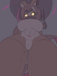 absurd_res bear big_breasts brainwashing breasts brown_hair clothing drone dronification ear_piercing female giant_panda glowing glowing_eyes hair hi_res highlights_(coloring) joupulee054 long_hair machine mammal mind_control piercing pipe robot robotic_arm shirt solo tank_top topwear water_tank yellow_eyes
