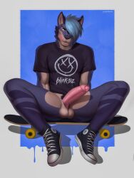 absurd_res anthro balls band_shirt blink_182 bodily_fluids canid canine clothing erection footwear foreskin furry genital_fluids genitals glans hair hi_res humanoid_genitalia humanoid_penis licking licking_lips looking_at_viewer male mammal penis precum shoes simple_background skateboard solo solo_male swadpewel tongue tongue_out uncircumcised vehicle