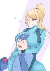 blushing feeling_bulge feeling_up female head_between_breasts kkyz13 mega_man mega_man(classic) mega_man_(character) metroid nipple_bulge offscreen_handjob ponytail samus_aran suggestive_smile zero_suit_samus