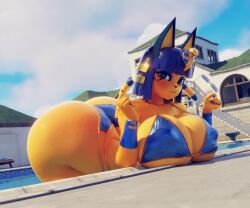3d 3d_(artwork) 3d_render animal_crossing ankha ankha_(animal_crossing) annoyed_expression anthro ass ass_focus big_breasts breasts cat_ears catgirl ctgiantess furry furry_only hair huge_ass huge_breasts looking_at_viewer pool solo solo_anthro tail thick_ass thick_thighs wet_body