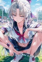 ai_generated carlotta_(wuthering_waves) daytime delinquent no_panties people_in_background pussy_focus raaicave schoolgirl squatting sweating sweating_female white_hair wuthering_waves