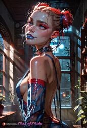1girls ai_generated batman_(series) blonde_hair blue_dress blue_eyes blue_lipstick dc_comics harley_quinn manofmidas multicolored_hair red_eyeshadow sideboob small_breasts spiked_choker spiked_collar white_face
