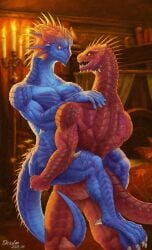 abs absurd_res anthro back_muscles blue_body blue_scales claws digital_media_(artwork) divinity:_original_sin_2 divinity_(series) draslan duo facial_spikes hi_res lifting_partner lizard_(divinity) lizardman male male/male muscular muscular_anthro muscular_male muscular_thighs nude pecs red_body red_scales reptile scales scalie sex simple_background spikes spikes_(anatomy) standing standing_sex teeth the_red_prince