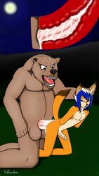 angry balls bear blue_hair brown_fur canine cum cum_in_ass cum_inside excited fox foxblaster.dae fur girly hair invalid_tag lagomorph male mammal night open_mouth penetration penis saliva sky yaoi