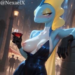 ai_generated alcohol anthro anthro_female armpits big_breasts blue_body blush breasts breasts_out_of_clothes clothes drink drunk female female_only furry gloves hi_res high_quality highres inteleon nexaelx nipples pokemon pokemon_(species) public public_exposure public_nudity stable_diffusion white_body wine yiff