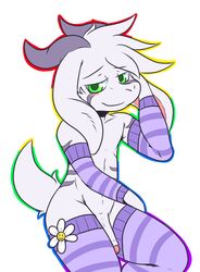 2016 anthro armwear asriel_dreemurr blush boss_monster caprine clothing crackers erection exposed_torso fluffy fluffy_tail fur furry furry_only girly goat green_eyes half-closed_eyes horn humanoid_penis legwear long_ears looking_at_viewer male male_only mammal mostly_nude nude partially_retracted_foreskin penis simple_background smile solo tail uncut undertale undertale_(series) video_games white_background white_fur