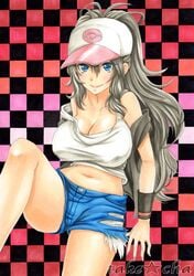 1girls bare_legs bare_shoulders baseball_cap belly blue_eyes breasts brown_hair checkered checkered_background cleavage denim denim_shorts female female_only hat high_ponytail hilda_(pokemon) huge_breasts human long_hair looking_at_viewer midriff navel nintendo pokemon pokemon_bw shirt_lift shorts sitting sketch slightly_chubby smile solo strap_slip takecha tank_top text traditional_media very_long_hair vest watermark wristband