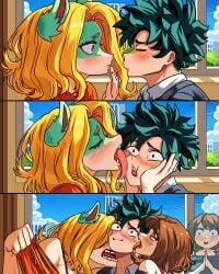 1boy 1boy2girls 2girls1boy 3girls 3koma aggressive animal_ears assertive_female black_gums blonde_hair blue_eyes comic deku face_lick femdom ffm_threesome ghost ghost_girl green-skinned_female green_skin himiko_toga imminent_kiss ippan_josei licking licking_face long_tongue midoriya_izuku my_hero_academia neck_bite out-of-frame_censoring possession scar scar_on_face snout straight tearing_clothes threesome tongue tongue_out undressing uraraka_ochako vlizz you_gonna_get_raped