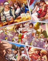 akuma andy_bogard breasts bride brown_hair catfight cheating cheating_girlfriend chun-li cleavage cleavage_cutout comic crossover drunk duo_focus elbow_gloves elena_(street_fighter) family fan_character fatal_fury female garou:_mark_of_the_wolves groom guile high_heels highres if_they_mated juri_han ken_masters kissing large_breasts leg_garter mai_shiranui mai_shiranui_(street_fighter_6) netorare no_panties ponytail princess_carry ryu_(street_fighter) side_slit silent_comic straight street_fighter street_fighter_6 suit terry_bogard unknown_character vlizz wedding wedding_dress white_gloves wholesome wholesome_nudity yuri_sakazaki