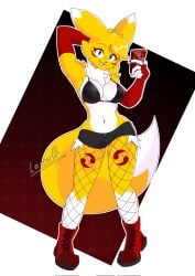 anthro bandai_namco big_breasts blue_eyes boots breasts canid canine cellphone clothing digimon digimon_(species) electronics female fishnet_clothing fishnet_legwear footwear fox furry hi_res legwear lewott mammal open_mouth phone renamon shoes solo tail
