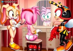 1boy 2girls absurd_res amy_rose bbmbbf breasts charmy_bee cream_the_rabbit dresser female furry furry_female hi_res indoors male mirror mobius_unleashed palcomix panties sega shoes smile sonic_(series) topless_female