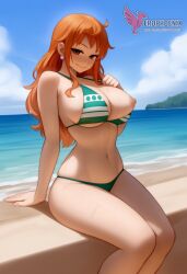 1girls 2d ai_generated areolae ass back bare_shoulders beach big_ass big_breasts bikini bikini_pull bikini_top blue_bikini blue_eyes breasts clothing day erophoenix female female_focus female_only full_body jewelry long_hair looking_at_viewer nami_(one_piece) ocean one_piece orange_hair outdoors pale_skin pale_skinned_female patreon_username pointy_ears purple_hair shorts shounen_jump sitting sky smile solo swimsuit tan tan_lines thick thick_thighs uncensored