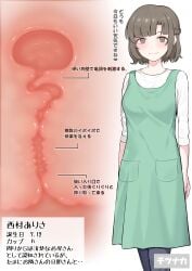 absurdres apron black_pants breasts brown_eyes brown_hair cervix closed_mouth commentary_request cross_section dress female highres japanese_text looking_at_viewer mature_female original pants pinafore_dress pipi20211026 pocket pussy pussy_chart sleeveless sleeveless_dress sleeves_rolled_up smile solo sweater text translation_request white_sweater
