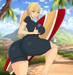 1girls 2020s 2023 5_fingers aged_up ai_assisted ai_background blonde_hair blue_bodysuit blue_clothing blue_rubber boat bodysuit breasts bridgette_(tdi) call_me_gesture camel_toe cameltoe clothing darkcomics day female female_focus female_only human human_only large_breasts looking_at_viewer looking_back mountain mountainous_horizon open_eyes outdoors palm_tree png pony_tail rubber rubber_clothing rubber_suit sailboat sand solo sparkles surfboard teeth teletoon tight_clothing total_drama_island wetsuit yellow_eyes