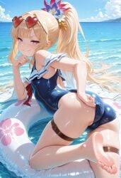 1girls absurdres adjusting_clothes adjusting_swimsuit ai_generated aiya_ayai ass blonde_hair blue_sky blue_swimsuit cagliostro_(granblue_fantasy) feet female flower_in_hair foot_focus granblue_fantasy hair_flower hair_ornament heart-shaped_eyewear hi_res highres innertube long_hair looking_back ocean one-piece_swimsuit outdoors petite ponytail purple_eyes red_bow sailor_collar sidelocks sky small_breasts smirk smirking smug soles swim_ring swimsuit thigh_strap wet