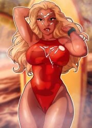 1girls arms_behind_head athletic athletic_female beach big_breasts blonde_hair blue_eyes blurred_background breasts cameltoe cum cum_in_mouth cum_on_body cum_on_breasts cum_on_face curvy dark-skinned_female facial female full_lips gingiensfw hourglass_figure large_breasts leotard lifeguard lifeguard_(lilo_and_stitch) lilo_and_stitch long_hair looking_at_viewer mature_female nipples_visible_through_clothing slim_waist solo solo_female surfboard swimsuit tanned_female tanned_skin thick_thighs wet wet_body wide_hips wristwear