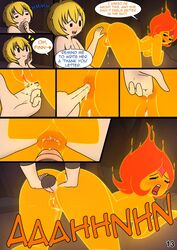 adventure_time anal anal_sex anus blonde_hair blush breasts cartoon_network comic cubbychambers elemental english_text female finn_the_human fire flame_princess hair human male mammal nipples open_mouth penetration penis pussy sex straight text vaginal_penetration