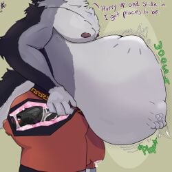 1:1 anal anal_vore anthro belly big_belly bodily_fluids canid canine canis clothing cum cum_in_clothing cum_through_clothing duo english_text genital_fluids hi_res internal leaking_cum living_buttplug male male/male male_pred male_prey mammal nipples outline starweavingdeer struggling struggling_prey talking_to_prey text vore wet wet_clothing wolf