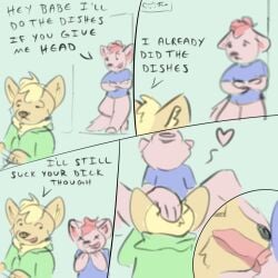 anthro balls clothing comic dabblefox dialogue digital_media_(artwork) duo english_text erection fellatio fur genitals hair hi_res male male/male open_mouth oral oral_penetration penetration penile penis sex simple_background smile tail text tongue topwear
