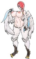 bird_feet blue_eyes blush braid capcom dark_skin demon demon_girl devil_may_cry devil_may_cry_2 dual_wielding feathered_wings feathers french_braid gaixas1 gaixas1draw hair_over_one_eye large_breasts lucia_(devil_may_cry) monster_girl nude pubic_hair red_hair sword talons white_feathers wings