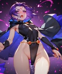 ai_generated belt blush cape dildo dildo_in_pussy dildo_under_clothes female female_orgasm forehead_jewel hips leotard nipples_visible_through_clothing purple_eyes purple_hair rachel_roth raven_(dc) short_hair small_breasts thighs transparent_clothing