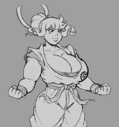 curvy_female dark-skinned_female demonroyal dragon_ball dragon_ball_z gi goddess goddess_of_lightning goku_(cosplay) hair_bun hair_lift hair_tied huge_breasts kiki_(demonroyal) martial_arts_uniform plump_lips powering_up sketch thigh_up turtle_school_uniform wristbands