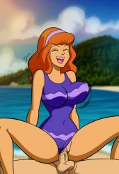 ai_generated beach big_breasts bouncing bouncing_breasts cowgirl_position curvy daphne_blake female glasses looking_at_viewer one_piece_swimsuit orange_hair penis scooby-doo scooby-doo!_camp_scare sitting smile