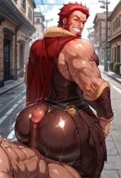 ai_generated armor ass bara big_ass big_ass_(male) big_butt bubble_butt buttjob buttjob_over_clothes closed_eyes clothed_buttjob clothed_male_nude_male clothed_sex dudebooty17 fate_(series) iskandar_(fate) male power_bottom smile yaoi