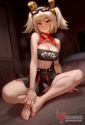 1girls 2d ai_generated ass back bangs bare_shoulders barefoot big_ass big_breasts black_panties blonde_hair burnice_white cleavage dress erophoenix feet female female_focus full_body long_hair looking_at_viewer navel pale_skin pale_skinned_female panties patreon_username red_eyes sitting skirt smile soles solo sports_bra thick thick_thighs toes twintails uncensored underwear zenless_zone_zero