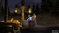 1futa 1male 3d 3d_(artwork) anal anal_sex bald_male beard blue_eyes blue_hair blue_skin draenei draenei_futa green_eyes human_(world_of_warcraft) lake male_on_futa night nowrin ship source_filmmaker warcraft world_of_warcraft