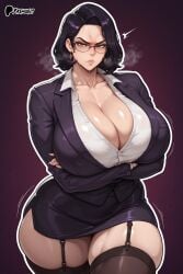 ai_generated angry_expression bare_thighs black_hair brown_eyes garter_belt gigantic_breasts glasses huge_breasts huge_thighs light-skinned_female light_skin looking_at_viewer massive_breasts mature_female milf office_lady oiled_body oiled_skin original short_hair solo_female squatting sweat sweatdrop thick_body thick_female thick_thighs thighs voluptuous voluptuous_female yashugai