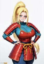 ai_generated armor artist_name bangs beatrix_amerhauser blonde_hair blue_eyes blue_shirt blush breastplate breasts faulds female grin hands_on_hips high_ponytail high_resolution highres japanese_armor large_breasts long_hair long_sleeves looking_at_viewer pants ponytail rope shoulder_armor simple_background smile solo stable_diffusion very_long_hair waifuscans418 white_background zom_100:_zombie_ni_naru_made_ni_shitai_100_no_koto