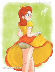 1girls blue_eyes brown_hair diaper diaper_under_clothing embarrassed female fully_clothed light_skin mario_(series) messy_diaper nintendo princess_daisy scat scat shit shit shitting soiling soiling_diaper stinky super_mario_bros.