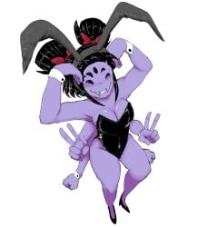 5_eyes 6_arms black_eyes black_hair breasts bunny_ears bunnysuit fangs fat_ass hair_ribbon hands_on_head high-angle_view high_heels large_breasts light_blush looking_at_viewer looking_up muffet pose purple_skin slim_waist smile tagme thick_thighs undertale undertale_(series) wide_hips wristband zackocafeina
