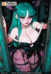 ai_generated animal_print bangs bare_shoulders bat bat_print bat_wings black_leotard breasts bridal_gauntlets cleavage clothing_cutout collarbone cowboy_shot darkstalkers demon_girl demon_wings dollmaker door feather_trim female fur_trim gloves green_eyes green_hair head_wings heart_cutout highleg_leotard koakuma large_breasts leotard lilith_aensland long_hair looking_at_viewer low_wings morrigan_aensland orange_gloves pantyhose print_legwear purple_legwear purple_wings solo standing tagme thighs tongue_out wings