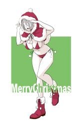 big_breasts bikini boots capelet christmas christmas_outfit cleavage fangs female female_only full_body gegege_no_kitarou genderswap_(mtf) grey_hair hair_over_one_eye hanging_breasts hood iroirokakuhonenoi kitarou_tanjou_gegege_no_nazo looking_at_viewer medama_oyaji_(human) pale-skinned_female pale_skin restricted_palette rule_63 shawl short_hair smile solo standing white_hair