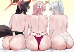 3girls animal_ears ass ass_cleavage bare_shoulders blue_archive breasts female female_only flower_in_hair halo hanako_(blue_archive) hanako_(swimsuit)_(blue_archive) iku_(ikuchan_kaoru) noa_(blue_archive) swimsuit topless wakamo_(blue_archive) wakamo_(swimsuit)_(blue_archive)