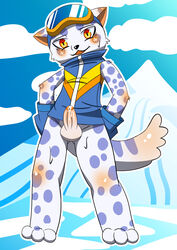 1boy anthro balls blush clothed clothing erection eyewear feline goggles humanoid_penis leopard male male_only mammal ollie_(pop'n_music) orange_eyes penis pop'n_music precum snow_leopard solo uncut video_games wycicus