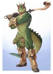 1boy anthro argonian balls banana_da_boi bara bethesda_game_studios biped clothed clothing erection foreskin front_view genitals hi_res holding_object holding_weapon humanoid_genitalia humanoid_penis male male_only microsoft muscular muscular_male partially_clothed penis reptile scales scalie simple_background skyrim solo standing tail the_elder_scrolls uncircumcised weapon yaoi