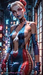 ai_generated blonde_hair blue_dress futa_bulge futa_only futanari hair_bun harley_quinn intersex makeup multicolored_hair penis_bulge red_eyeshadow small_breasts