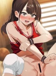 :d ball bar_censor basketball_(object) basketball_uniform blush breasts brown_hair censored cleavage collarbone commentary_request female hair_ornament highres long_hair open_mouth original ponytail pussy shiroi_soda smile solo sportswear tongue x_hair_ornament yellow_eyes