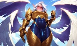 abs abs_visible_through_clothing ai_generated angel angel_wings armor belly biceps big_breasts breasts bulge bulge_through_clothing female futanari gold_(metal) intersex kayle league_of_legends long_hair multi_wing muscular muscular_female muscular_futa muscular_legs thick_arms thick_legs thick_thighs white_hair yellow_eyes