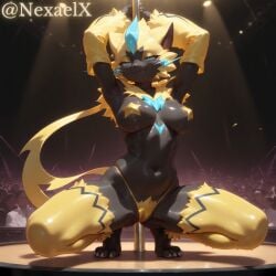 ai_generated anthro armpits arms_above_head arms_up belly black_body black_fur black_skin blue_eyes breasts claws feet furry high_quality highres mythical_pokemon nexaelx nipple_tape paws pokemon pokemon_(species) pole pole_dancing solo solo_anthro solo_female squatting stable_diffusion tape taped_nipples thick_thighs thighs thong yellow_fur yellow_hair yiff zeraora