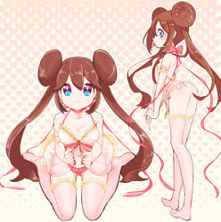 1girls babydoll blue_eyes bow bra breasts brown_hair candy chorimokki cleavage double_bun female heart heart_background human lingerie lollipop long_hair looking_at_viewer mouth_hold multiple_views pink_bow pink_legwear pokemon pokemon_bw2 rosa_(pokemon) see-through smile thighhighs tied_hair twintails underwear very_long_hair