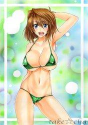 1girls bikini blue_eyes blush breasts erect_nipples female female_only green_bikini hand_behind_head human large_breasts marker_(medium) navel short_hair sketch solo swimsuit takecha tea_gardner text traditional_media watermark yu-gi-oh! yuu-gi-ou_duel_monsters