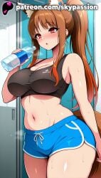 1girls 2025 ai_assisted ai_generated animal_ear_fluff animal_ears anime artist_name bare_shoulders belly big_breasts big_chest black_tank_top blue_shorts blurry blurry_background blush bottle breasts brown_hair bust busty chest clothed_female curvy depth_of_field eyebrows_visible_through_hair female female_focus female_only hi_res high_quality high_resolution highres holding holding_bottle holo large_breasts long_hair navel open_mouth patreon patreon_username plump ponytail red_eyes shorts sidelocks skypassion solo spice_and_wolf sports_bra sports_shorts sports_uniform sportswear stable_diffusion sweat tail tank_top thick_thighs thighs water_bottle watermark wolf_ears wolf_girl