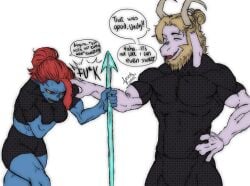 1boy 1boy1girl 1girls asgore_dreemurr boss_monster_(undertale) dialogue english_text female fish fish_girl goat goat_horns male monster_boy monster_girl muscles muscular muscular_female muscular_male oku_(artist) spear thick_thighs tight_clothing undertale undertale_(series) undyne