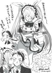 1boy 1girls alternate_costume blush bunny_ears fangs female female_focus fully_clothed gegege_no_kitarou genderswap_(mtf) ghost_girl hair_over_one_eye kitarou_tanjou_gegege_no_nazo long_hair looking_at_viewer maid maid_uniform male medama_oyaji_(human) mi_am5 mizuki_(gegege_no_kitarou) monochrome panties rule_63 smile tray twintails upskirt