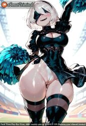 ai_generated asmutcriminal ass_visible_through_thighs black_blindfold black_dress black_hairband black_legwear blindfold boots breasts cheerleader cleavage cleavage_cutout clothing_cutout cowboy_shot dress facing_viewer feather-trimmed_sleeves feather_trim female gloves hairband leotard leotard_under_clothes long_sleeves medium_breasts mole mole_under_mouth open_mouth panties pom_pom_(cheerleading) puffy_sleeves short_hair silver_hair skindentation solo sweat tagme thick_thighs thigh_boots thigh_strap thighhighs thighhighs_under_boots thighs tree two-sided_fabric two-sided_skirt underwear white_hair white_leotard wide_hips yorha_no._2_type_b
